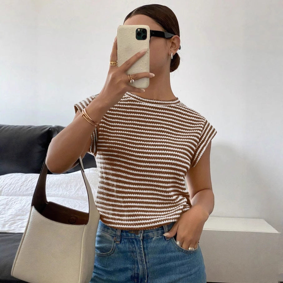 Womens New Summer Striped Crew-Neck Fashion Knit T-Shirt For Women