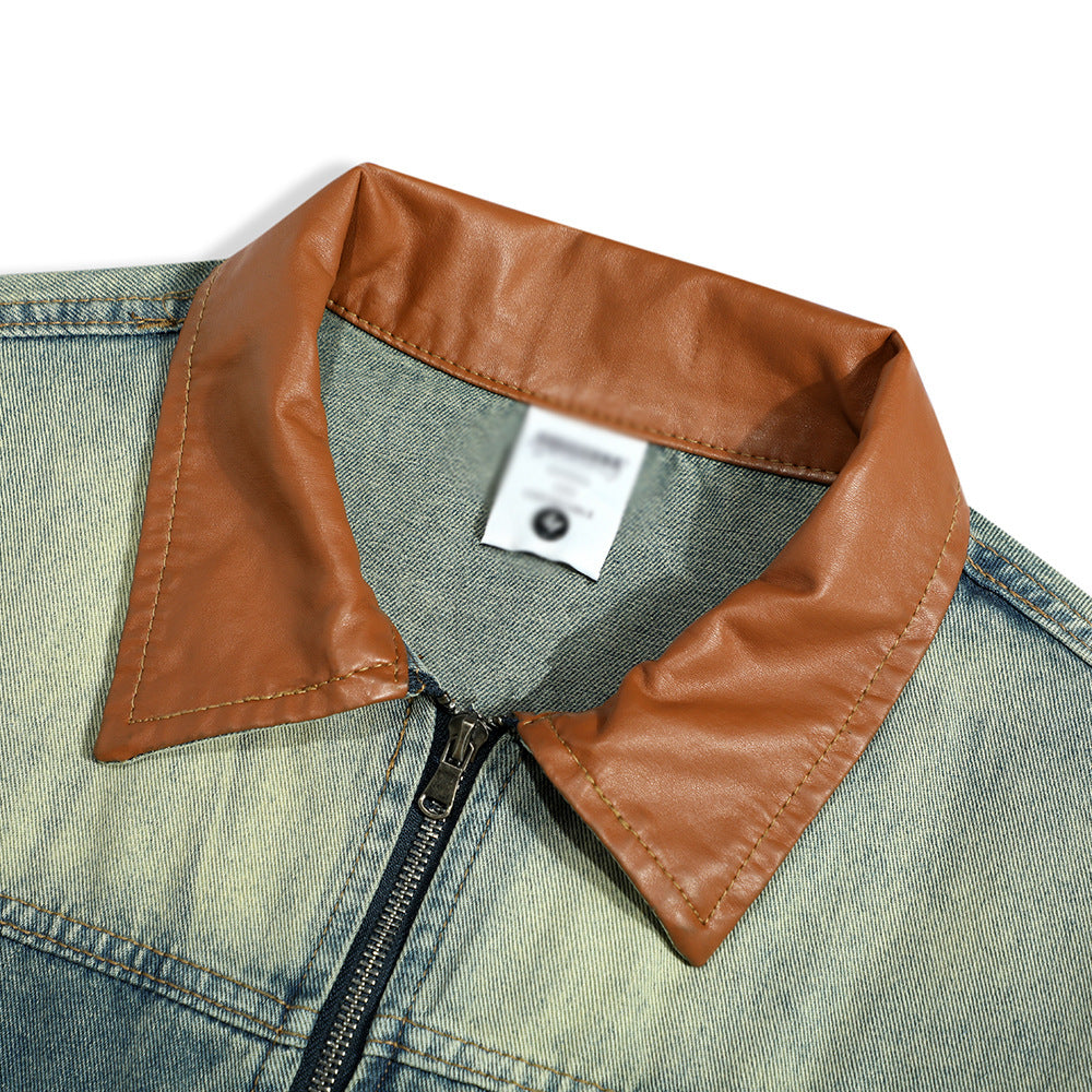 Men's Spring And Autumn Color Matching PU Leather Lapel Zipper Jacket