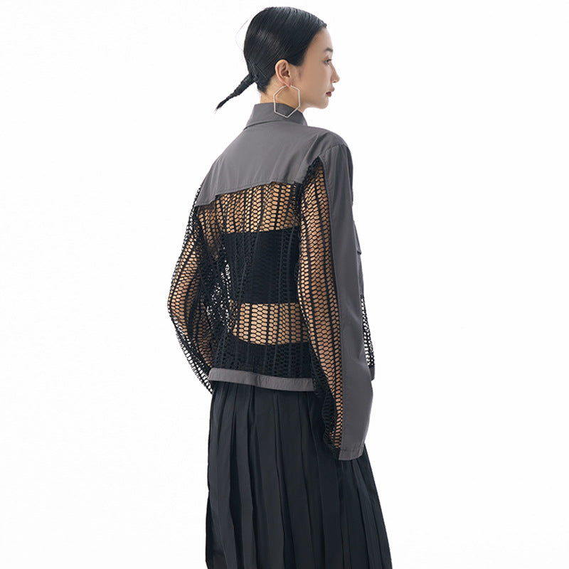Womens Hollowed-Out Mesh Sheer Statement Top