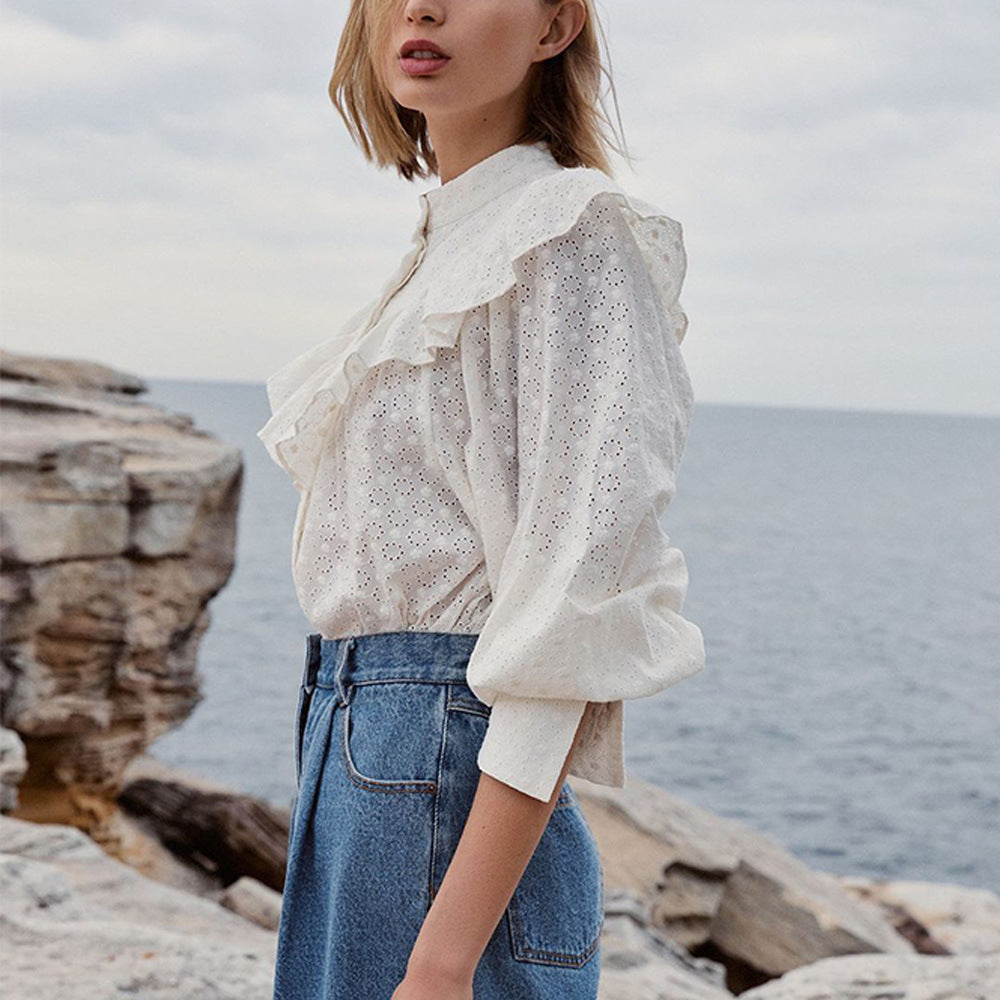 Women's Loose Jacquard Cotton Button Long-sleeved Top