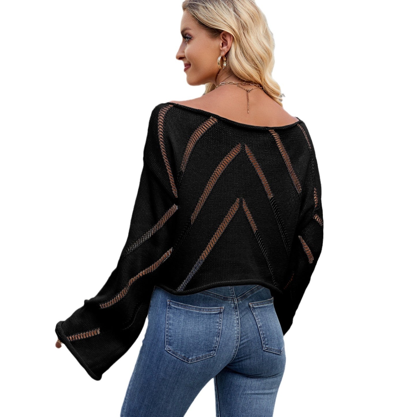Hollow Loose Round-neck Long-sleeved Pullover
