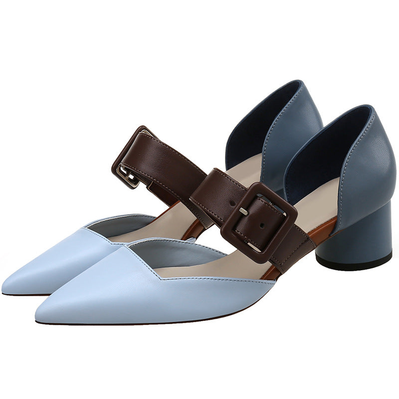 Casual Korean Fashion Square Buckle Colorblock High Heels Pointed Mary Jane Shoes