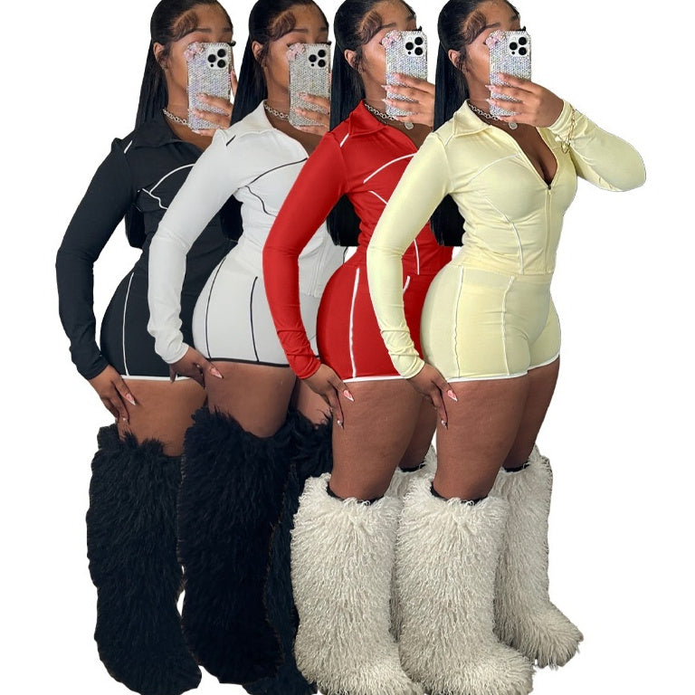 Womens Slim-Fit Zippered Long-Sleeve Top And Shorts Two-Piece Set