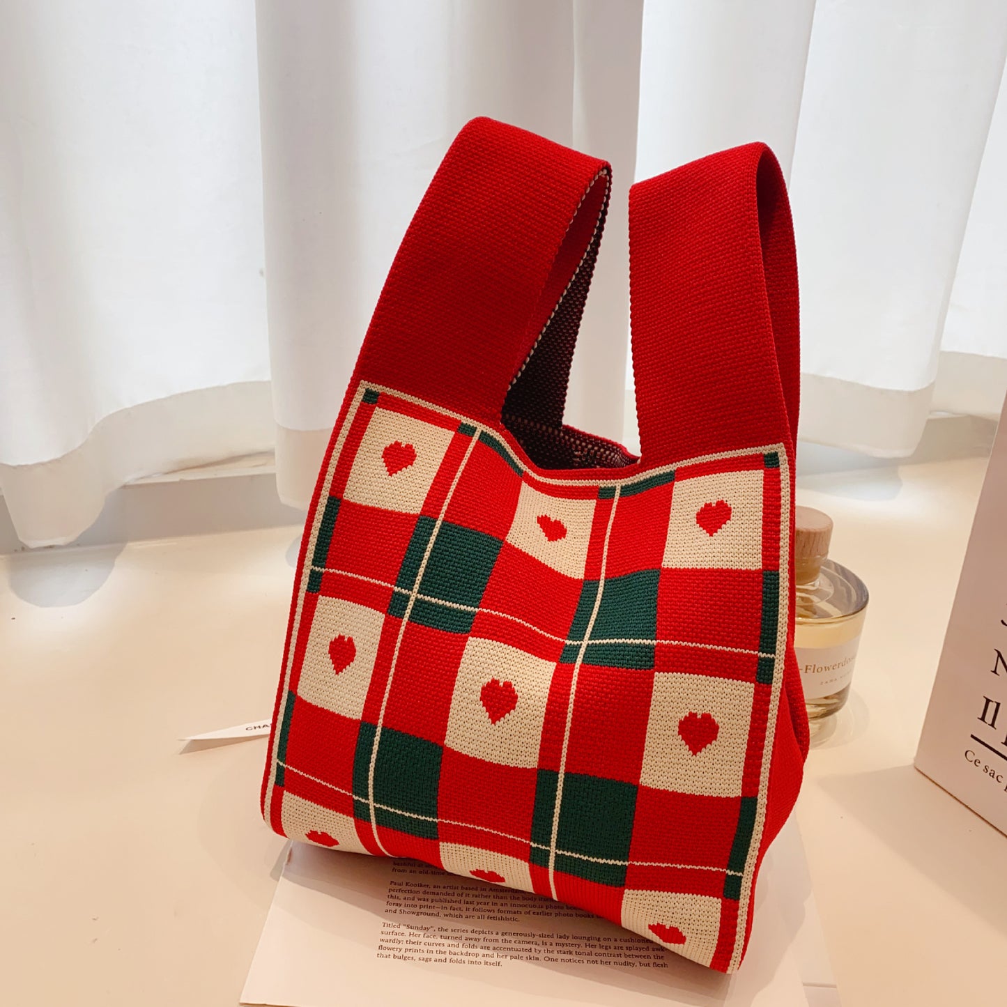 Vest Bag Knitted Woven Heart Plaid