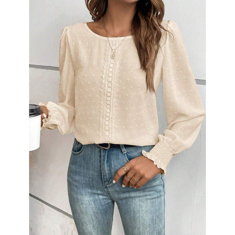 Womens Casual Top With Dotted Lace Trim And Lantern Sleeves