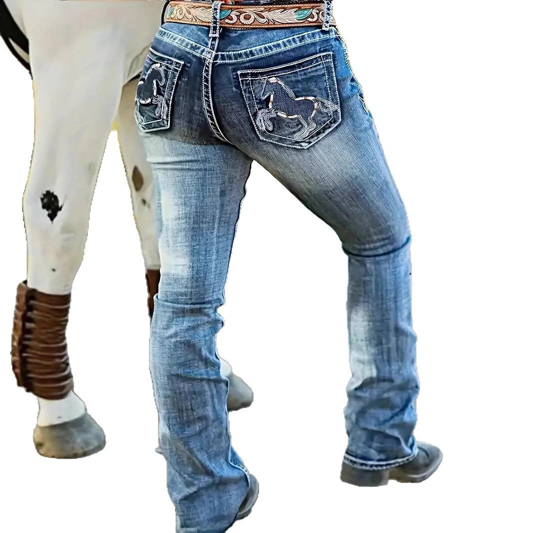 Hatchet Man Embroidery Women's High Waist Stretch Heavy Industry Washed Denim Straight-leg Trousers
