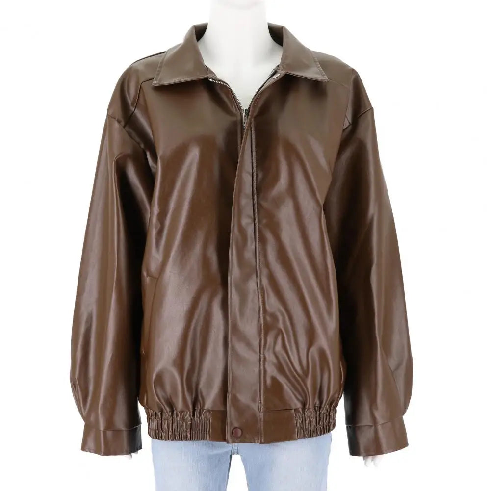 Women Jacket with Pocket Women Faux Leather Jacket Vintage American Style Women'S Faux Leather Jacket Loose Fit Zipper Pocket