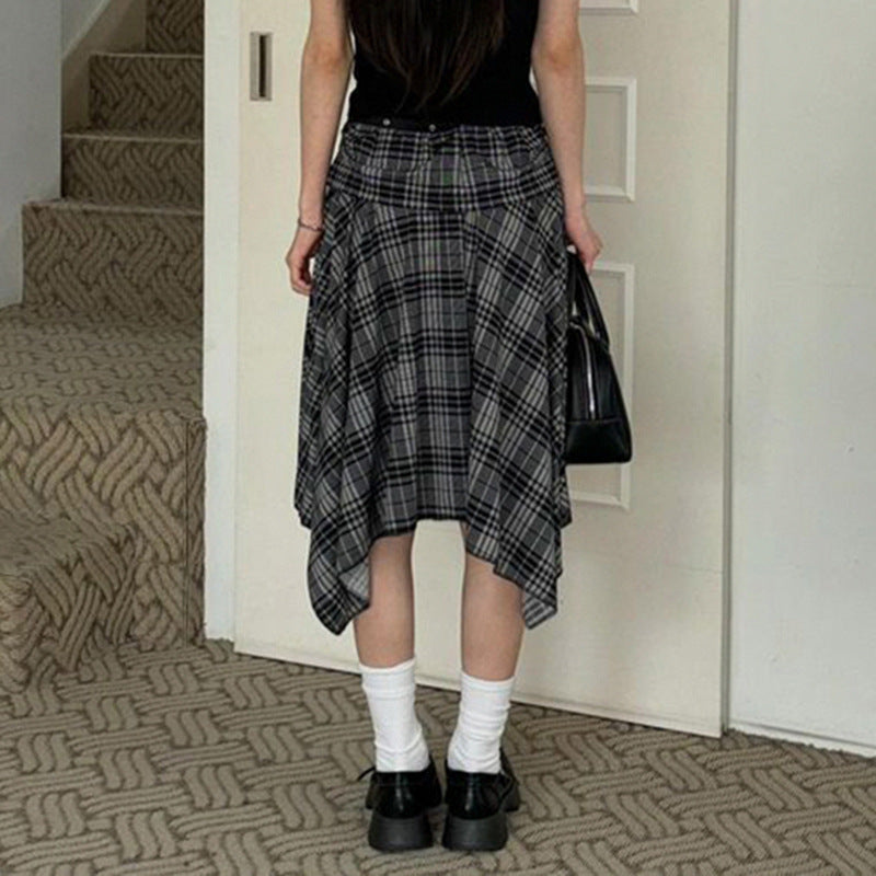 College Style Plaid Contrast Color Irregular Skirt