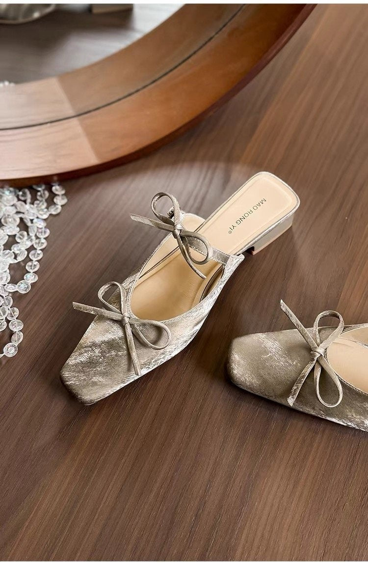 New Women's Bowknot Closed Toe Mule Slippers Elegant Chunky Heel One-Step Slip On Sandals