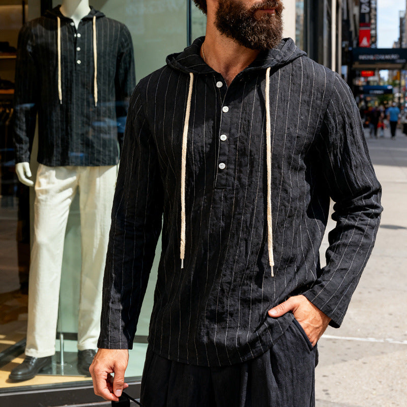 Mens Loose-Fit Casual Long-Sleeve Hooded Shirt