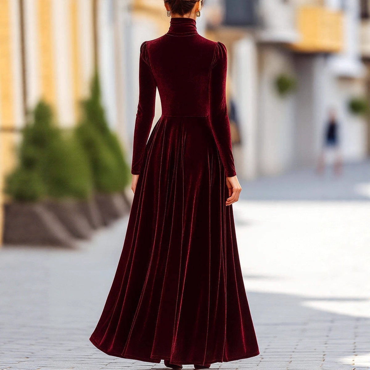 Womens Elegant Long Dress With A High Neck And Puffed Sleeves