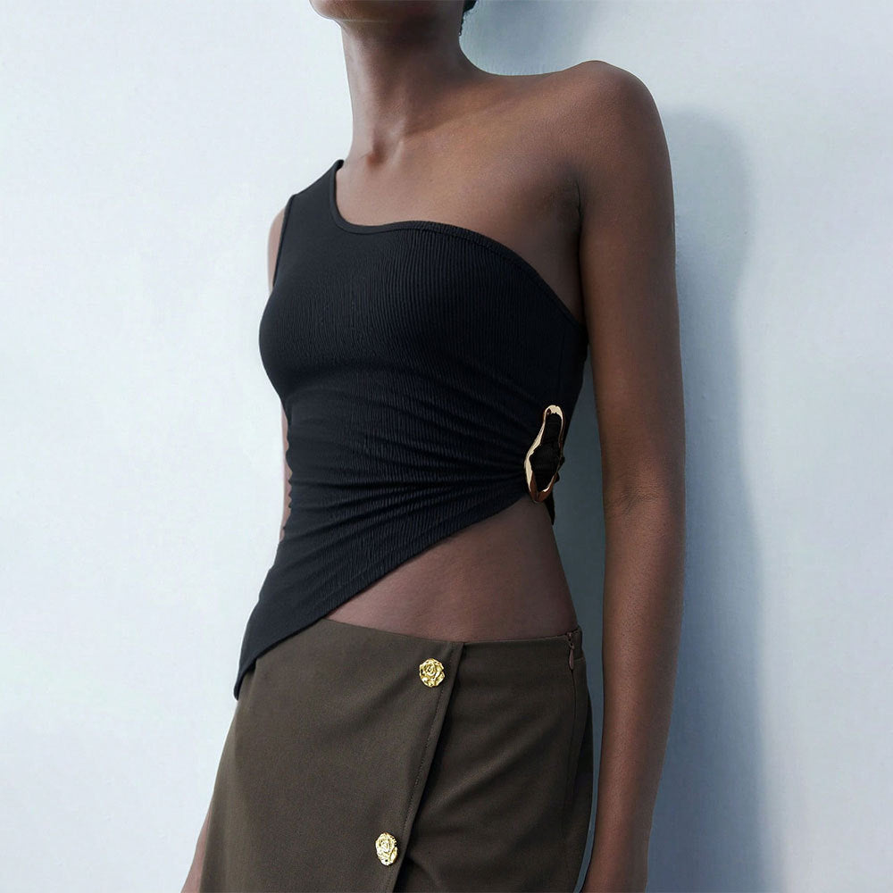 Single Shoulder Strap Vest Sexy Off-shoulder Oblique Neck Design Top