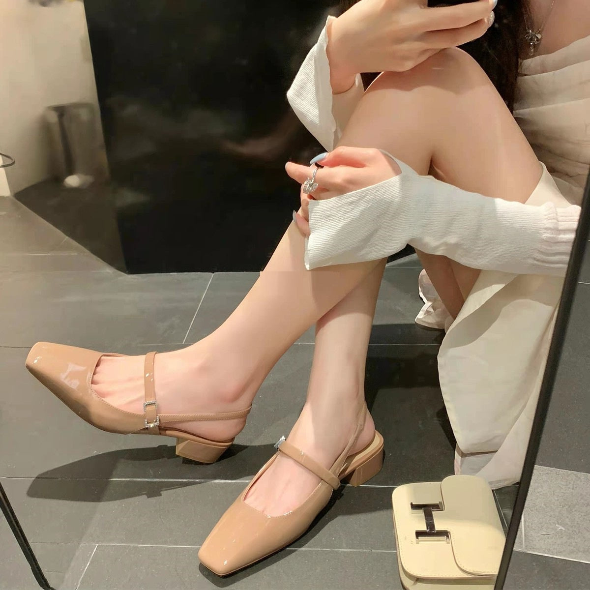 French Square Toe Mary Jane Shoes Rhinestone Square Buckle Chunky Heel