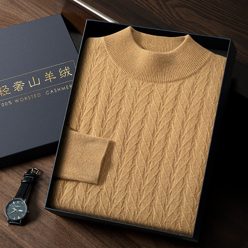 Thickened Wheat Jacquard Cashmere Sweater Men's Half-high Collar Solid Color Sweater