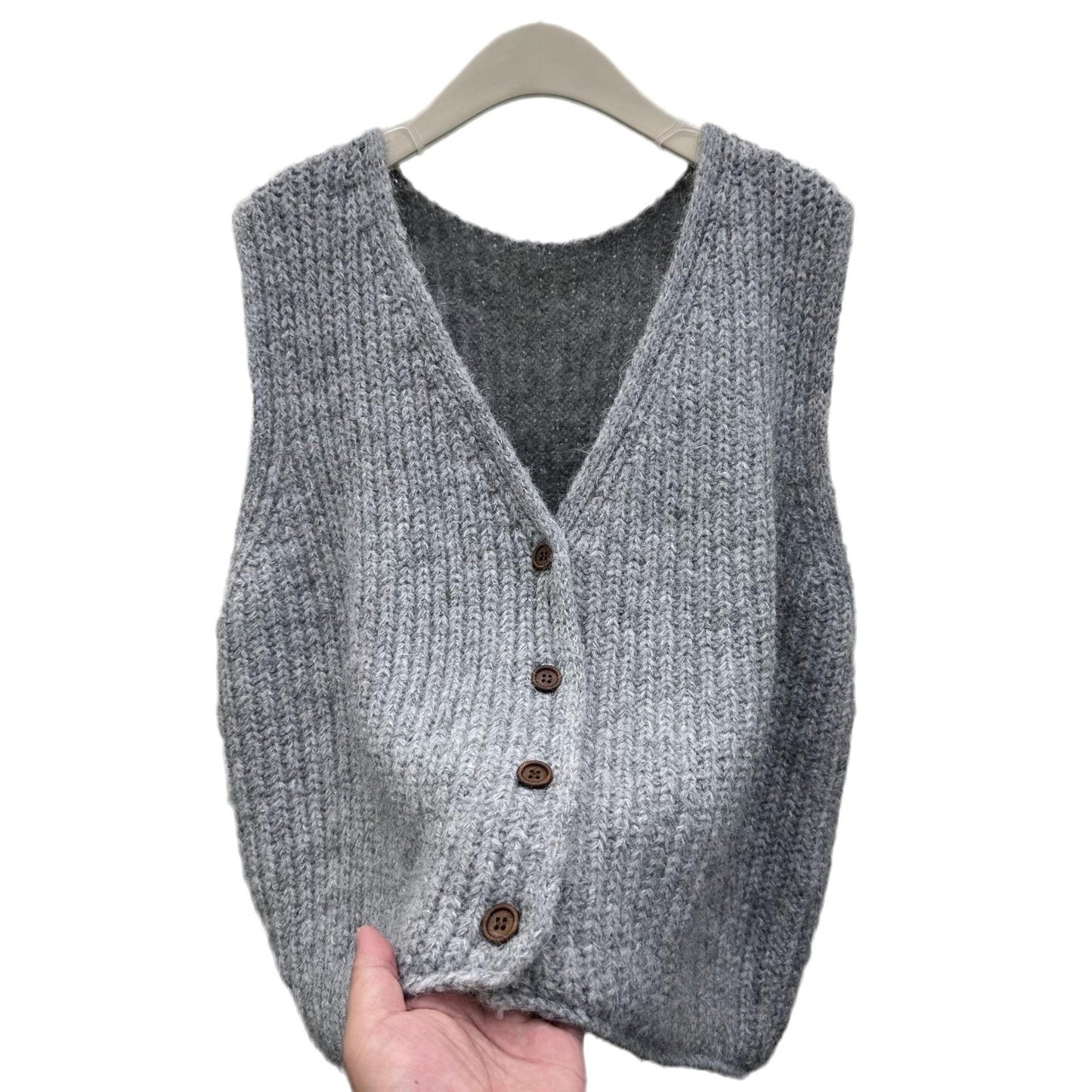 Solid Color Loose-fitting Versatile Sleeveless Cardigan Sweater Vest Women's Knitted Vest Waistcoat Top