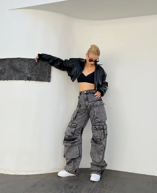 Dame Multi-pocket Jeans Mode Afslappede Wide-leg Bukser