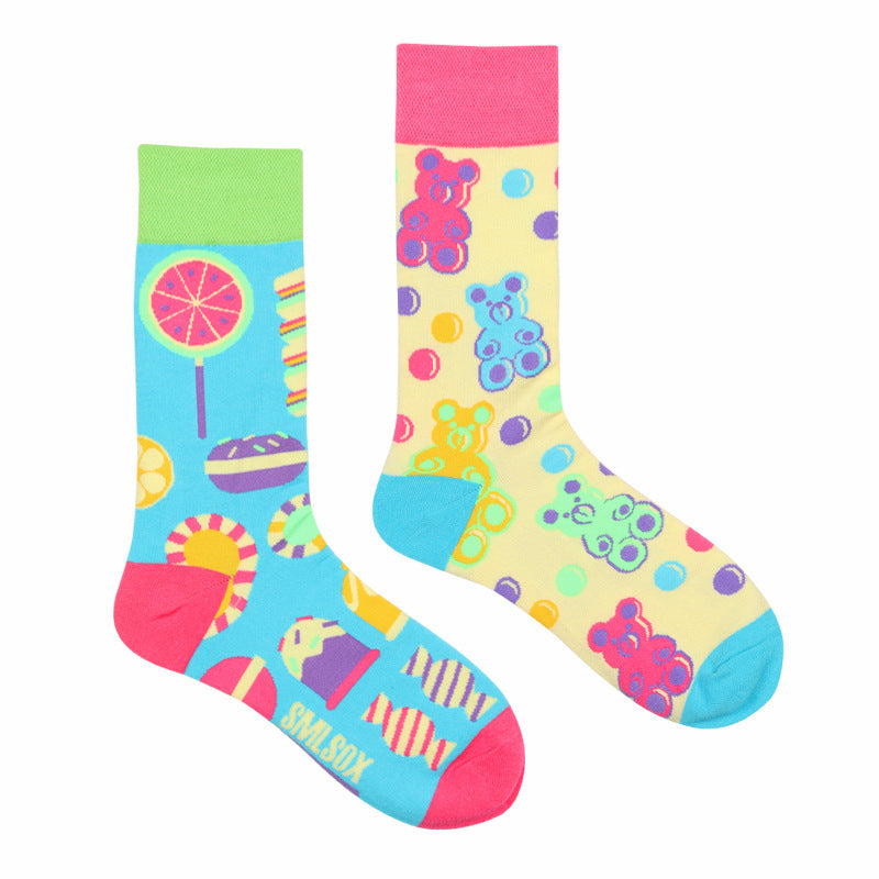 Asymmetrical Color Retro Personality Male And Female Couple Mid-length Cotton Socks
