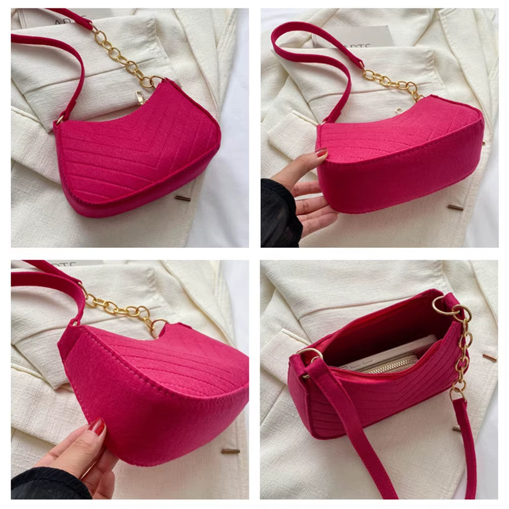 Women’s Retro Felt Underarm Bag - Solid Color Shoulder Bag, Casual Dumpling Crossbody Purse