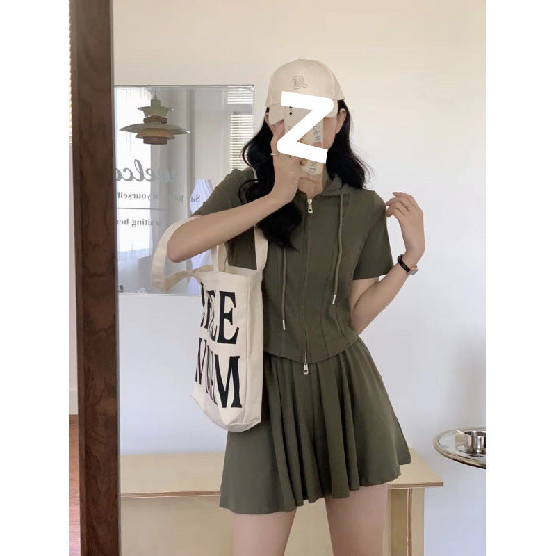 Stylish Commuter Design Hooded Two-Zipper Short-Sleeve Culotte Two-Piece Set