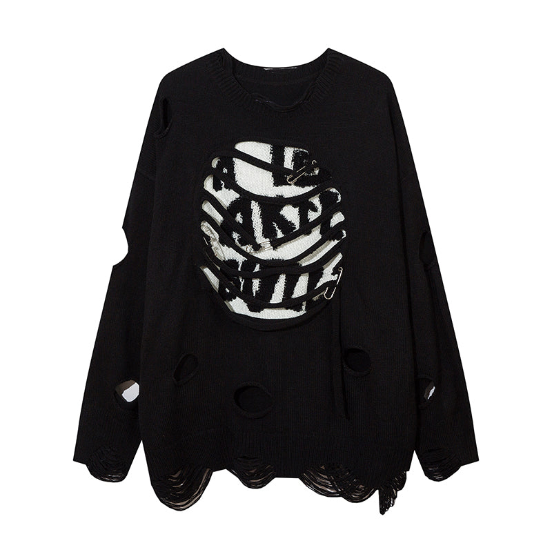 Heavy Industry Ripped Hollow-out Round Neck Sweater Bf Idle Style