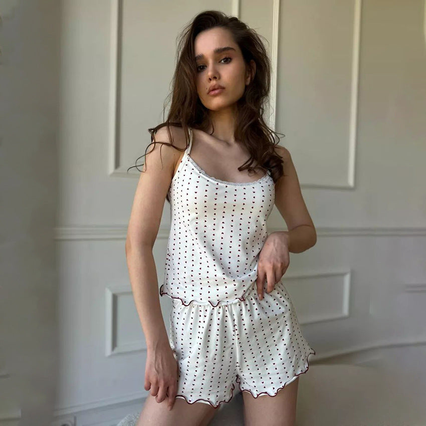 Strap-style Heart-print Shorts Pajama Set Two Pieces
