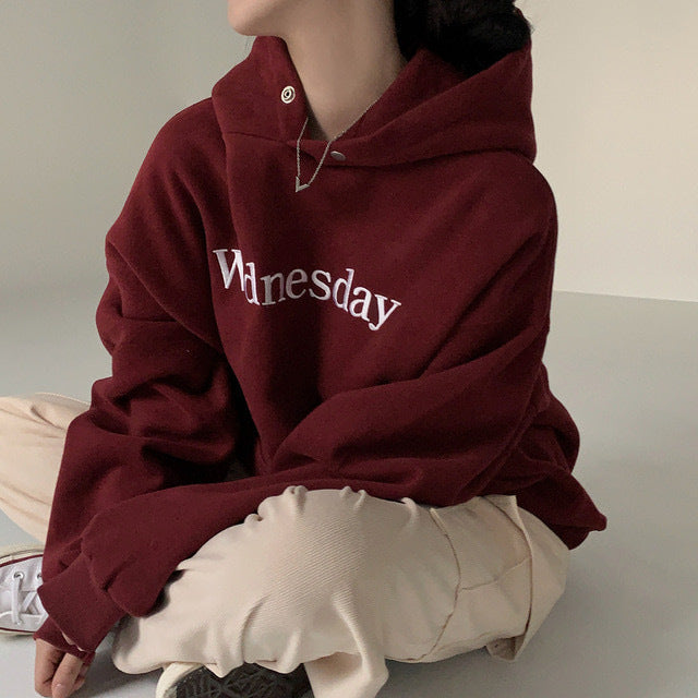 South Korea Chic Winter Student Loose Embroidery Hooded Fleece Lined Sweater