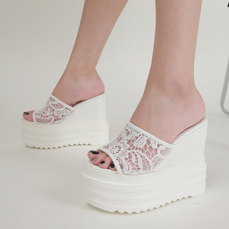 Slippers With Super-Same Heel Lace Mesh, Size 34-40