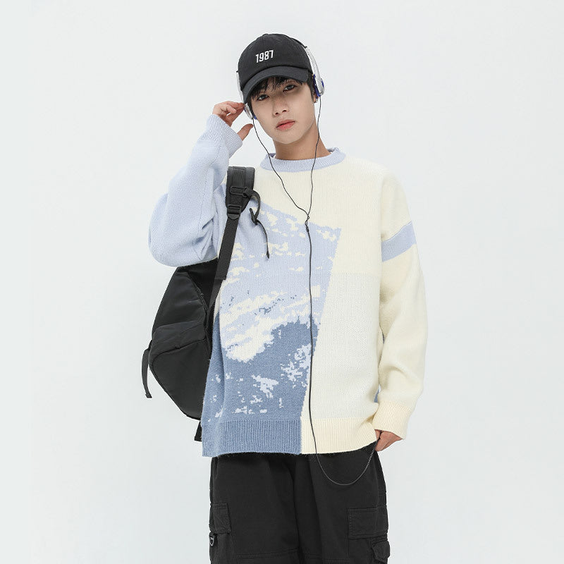 Men's Landscape Painting Color Matching Color Contrast Round Neck Sweater