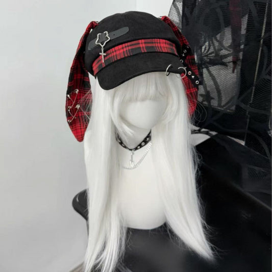 Original Punk Beret With A Subcultural Fashionable Checkered Rabbit-ear Design