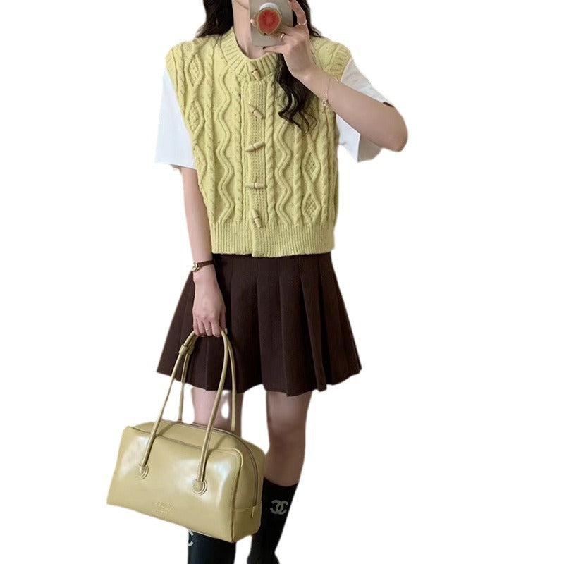 Horn Button Retro Twist Knitted Vest Cardigan For Women
