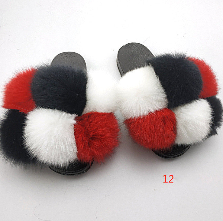 Flip Flops Fashion Outer Wear Fox And Raccoon Fur Children's Sandals And Slippers