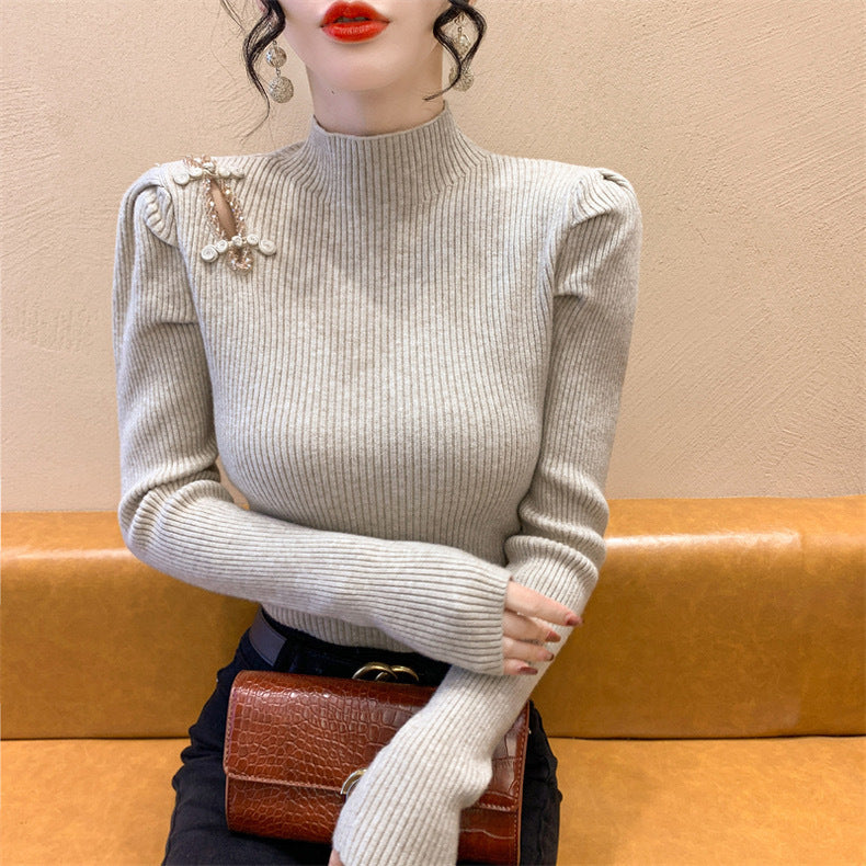 Women's Autumn And Winter National Style Puff Sleeve Half Turtleneck Slim-fit Underwear Sweater
