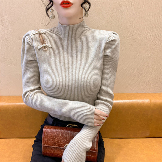 Women's Autumn And Winter National Style Puff Sleeve Half Turtleneck Slim-fit Underwear Sweater