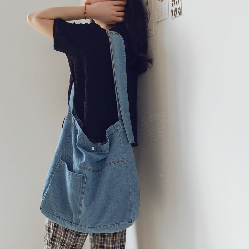 Vasket Denim Crossbodytaske med Stor Kapacitet