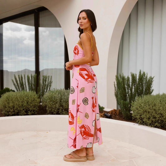 Casual And Stylish Linen Slip Dress With A Printed Design