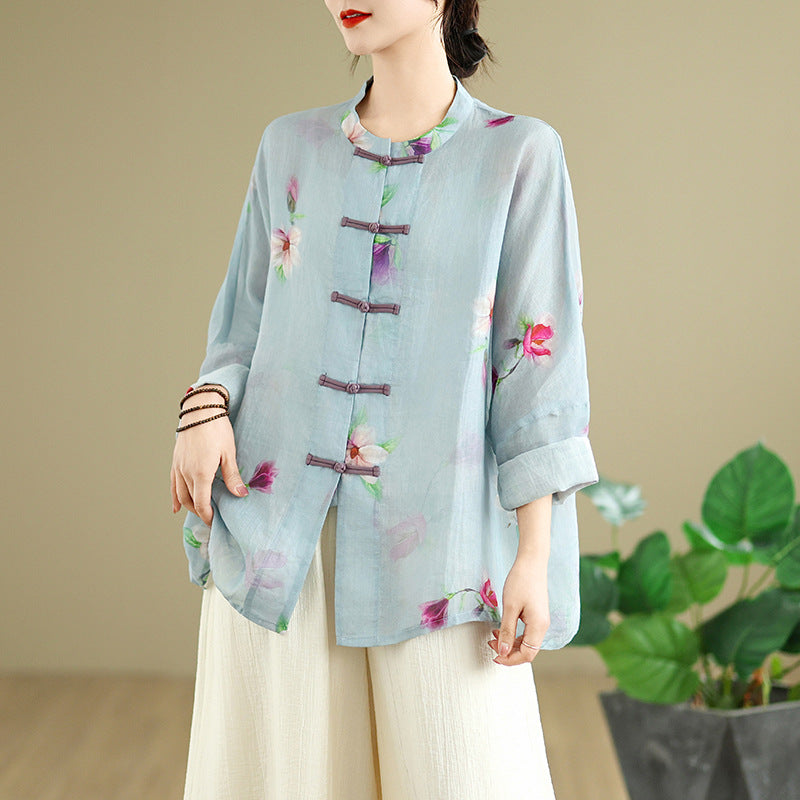 Ramie Frog Button Cardigan Coat All-match Suit