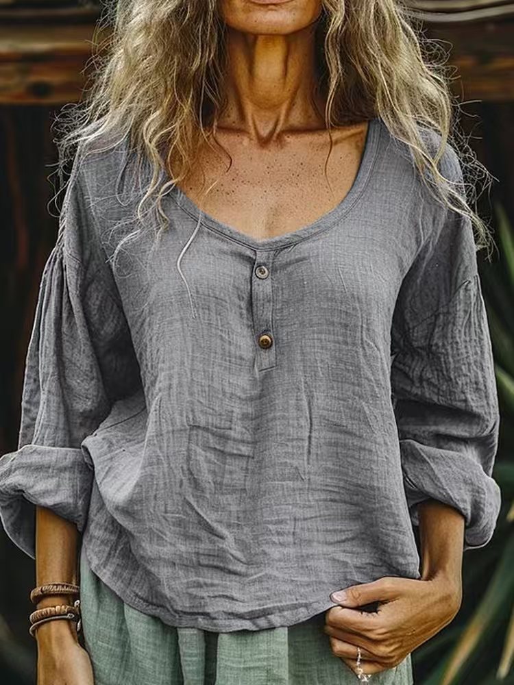 Women's Casual Loose Fashion Long Sleeve Linen Solid Color Top