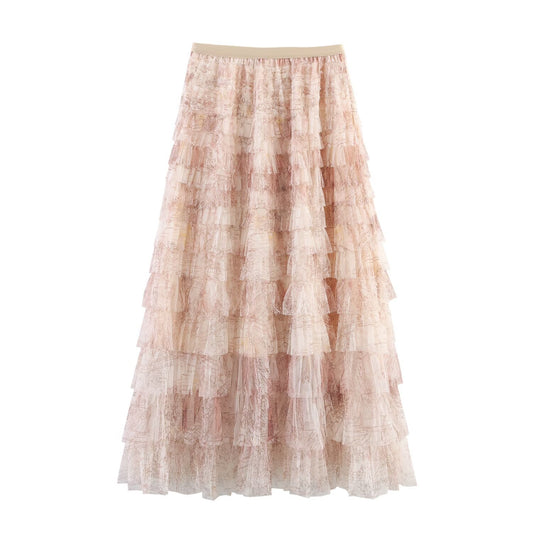 Mesh Gradient Printing Multi-layer Tiered Dress Skirt