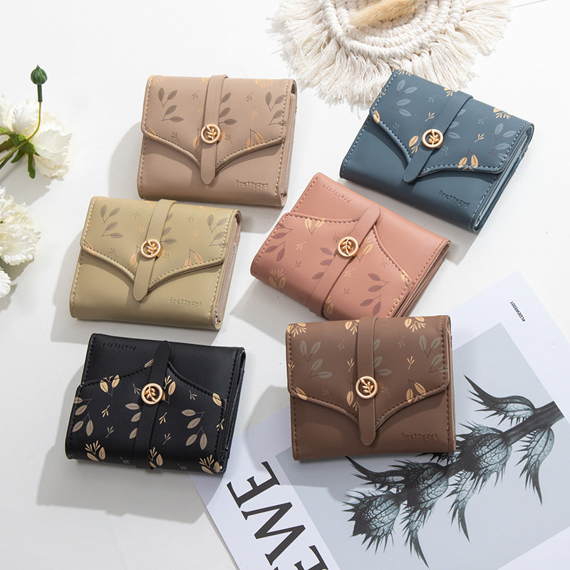 Women's Short Printed Buckle Triple Fold Purse
