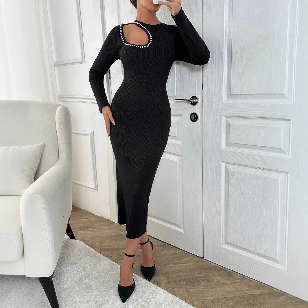 Sexy Stretchy Hollow-out Form-fitting Long-sleeve Dress