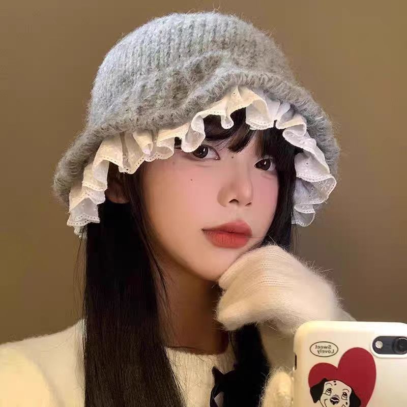 Womens Lace-trimmed Knitted Fisherman Hat