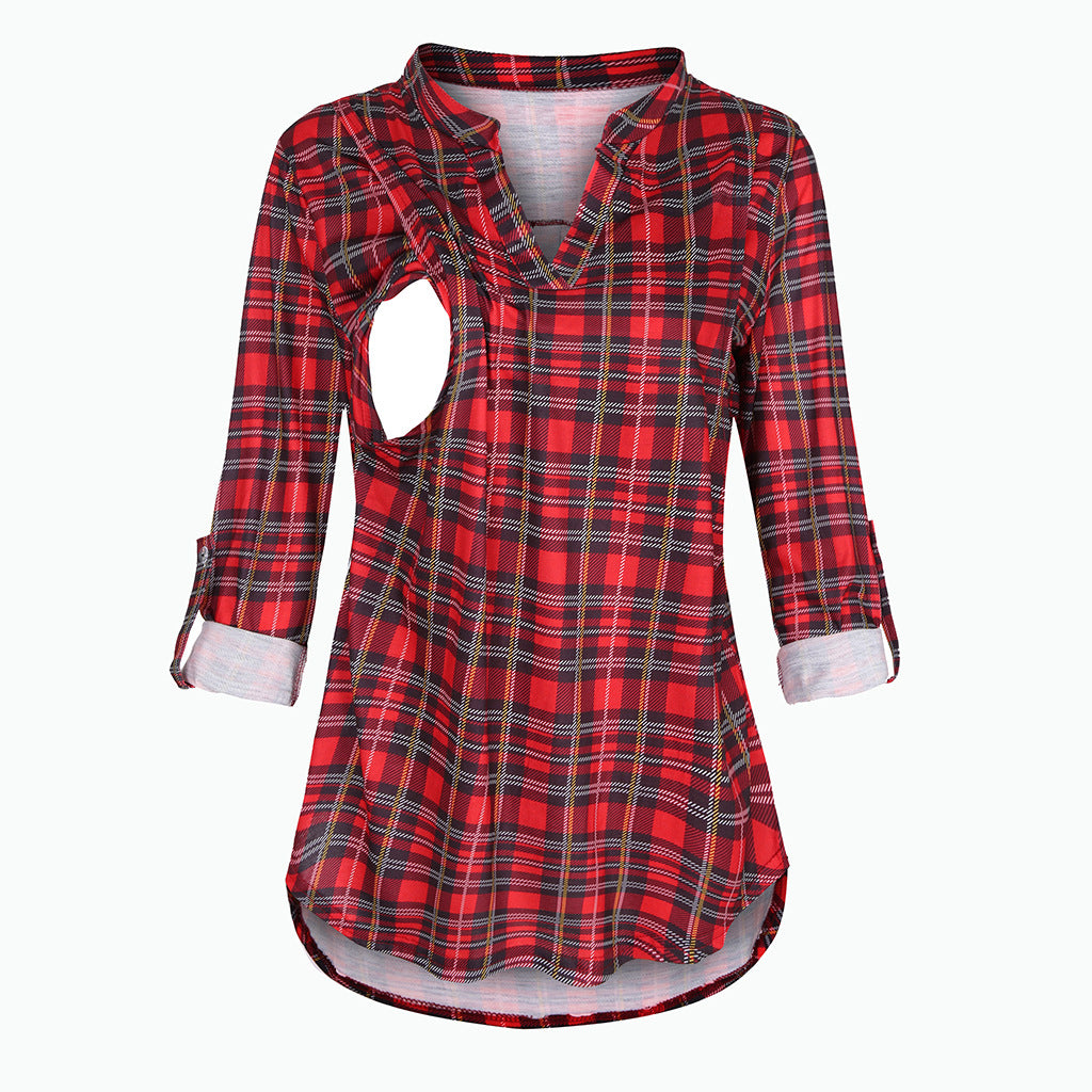 Plaid Printed Pregnant Woman Breastfeeding V-neck Long Sleeve Top