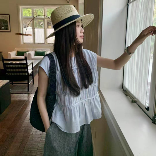 Sweet Temperament Pure Color Pleated Round Neck Versatile Design Sleeveless Pullover Shirt Top For Women