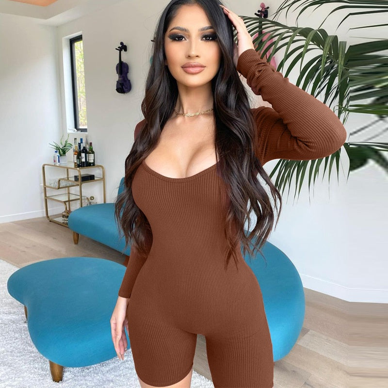 Women's Summer New Solid Color Rib U-neck Long-sleeved Slim Fit Hip Raise Sports Jumpsuit