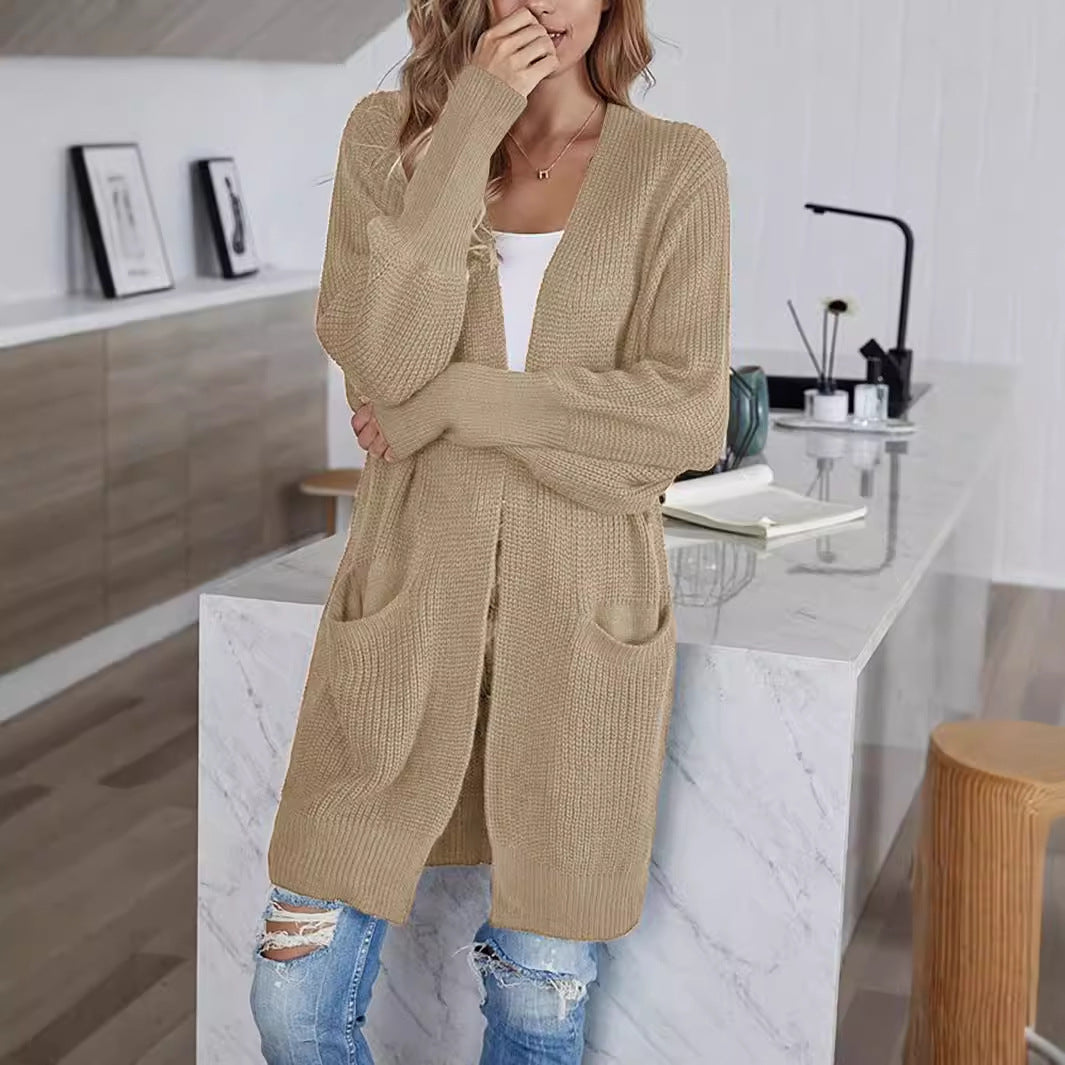 Women's Knitted Sweater Solid Color Pocket Cardigan Coat