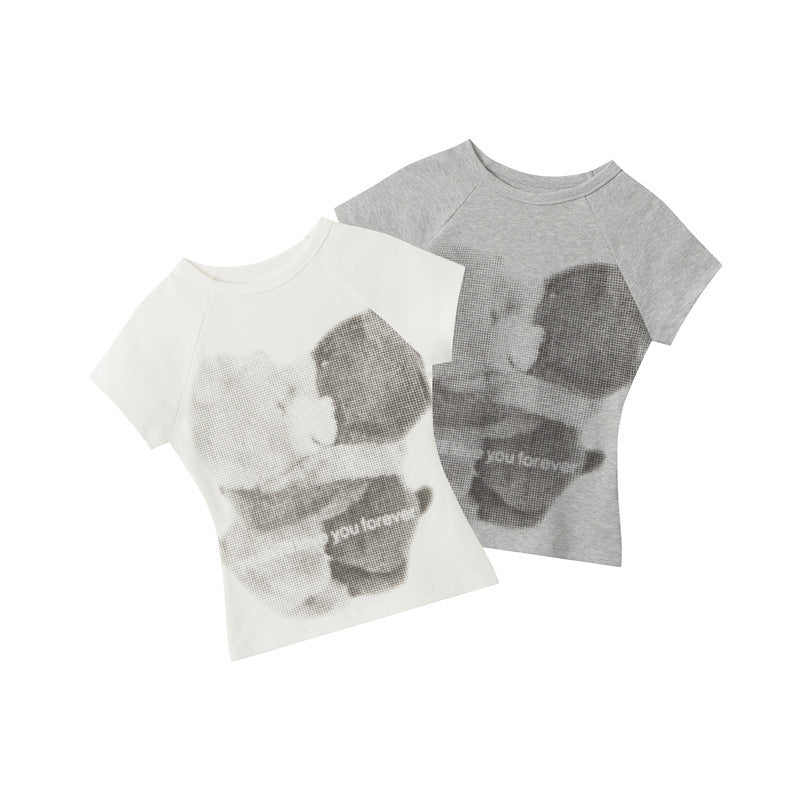 American Raglan Sleeve Bear Printed Slim-fit Short Sleeve