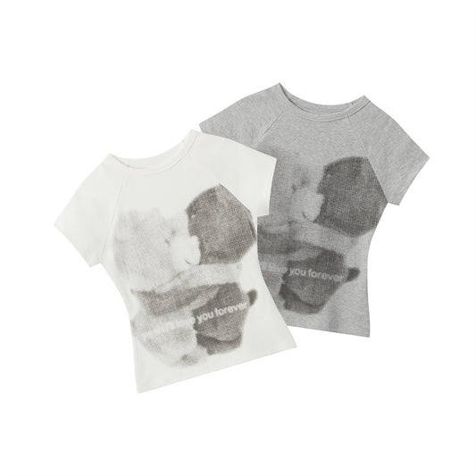 American Raglan Sleeve Bear Printed Slim-fit Short Sleeve
