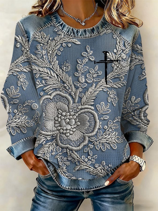 Retro Loose-fitting Pullover With A Printed Crew Neck