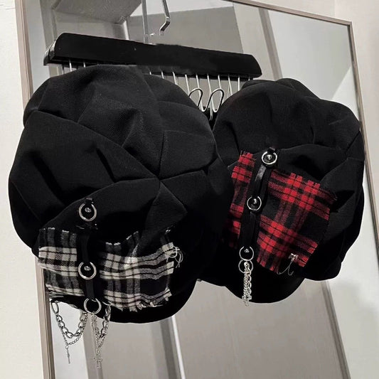 Hot Girl Cross Neutral Dark Plaid Beret