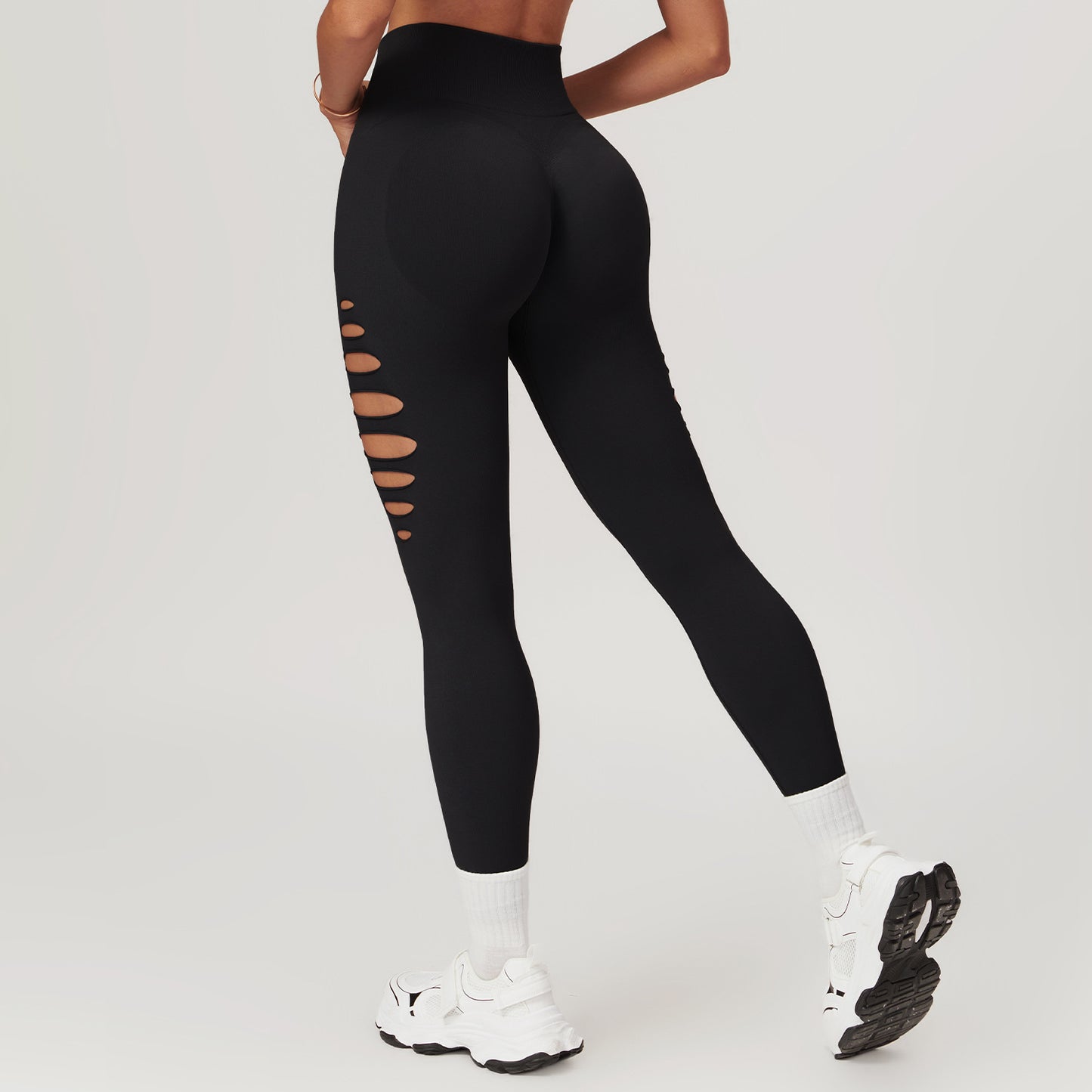 Europæiske og amerikanske hule sømløse skinny yogabukser med ferskenhofte og høj talje til fitness